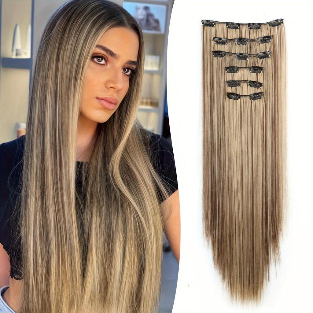 6PCS Clip in Hair Extensions 24" Straight Long Synthetic Hairpieces for Women Daily Party Halloween Black Brown