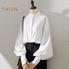 Camisa feminina gola alta lanterna manga longa cor sólida camisa solta ajuste único botão escritório senhora camisa