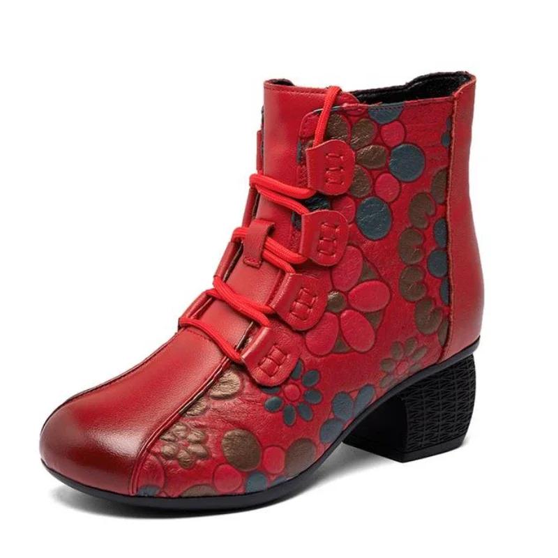 Fashion 2024 New Autumn Aed Winter For Warmth Genuine Leather Shoes Women Boots Round Toe Print Sewing Zip Retro Leisure Platform Boots