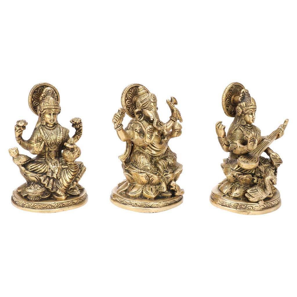 Original Brass Lakshmi Ganesha Saraswati Idol, Ganesh Laxmi Murti - 5 Inches
