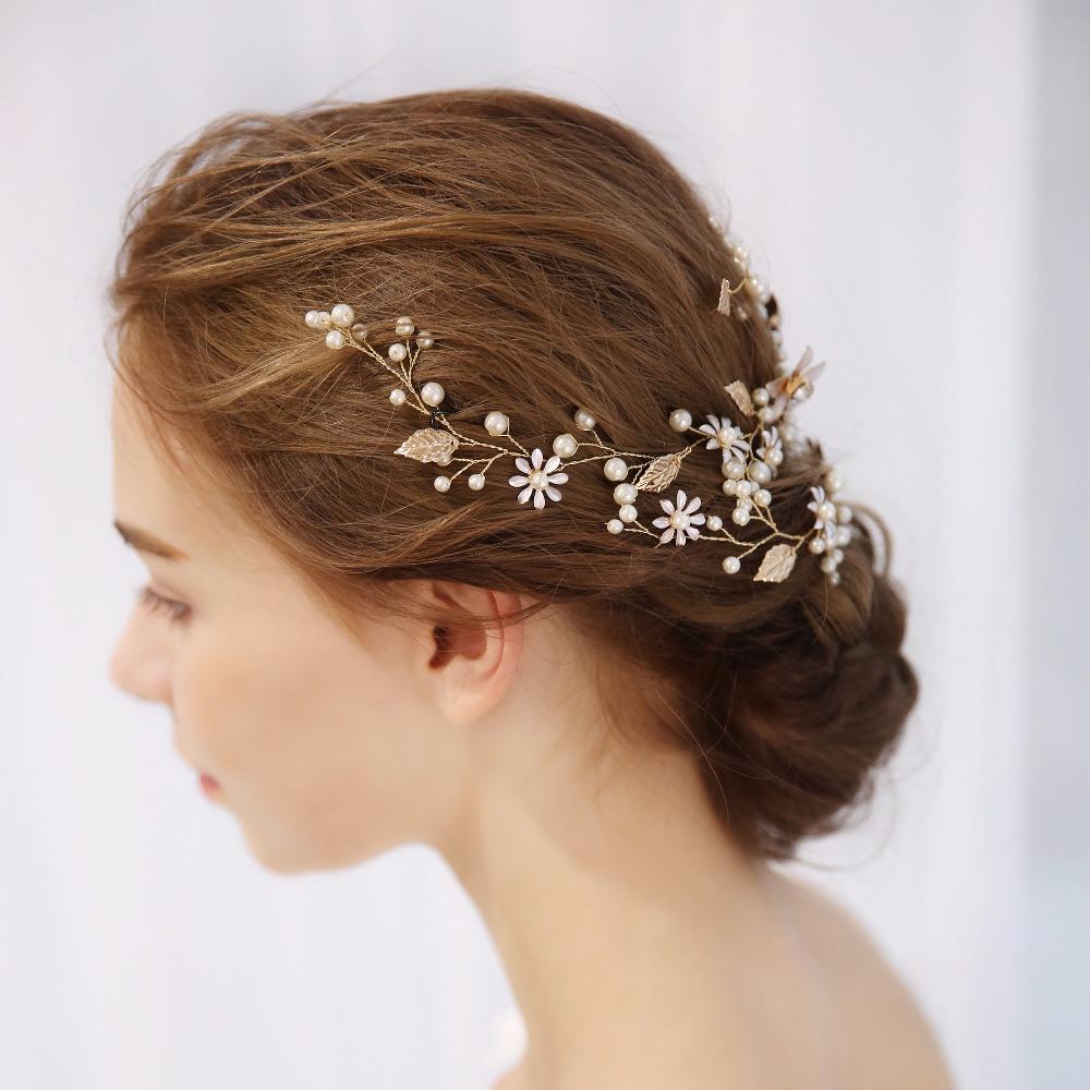 Perle Strass Blume Braut Stirnband Hochzeit Haarschmuck Goldblatt mit Strass Blume Haarbänder Hochzeit Haarschmuck