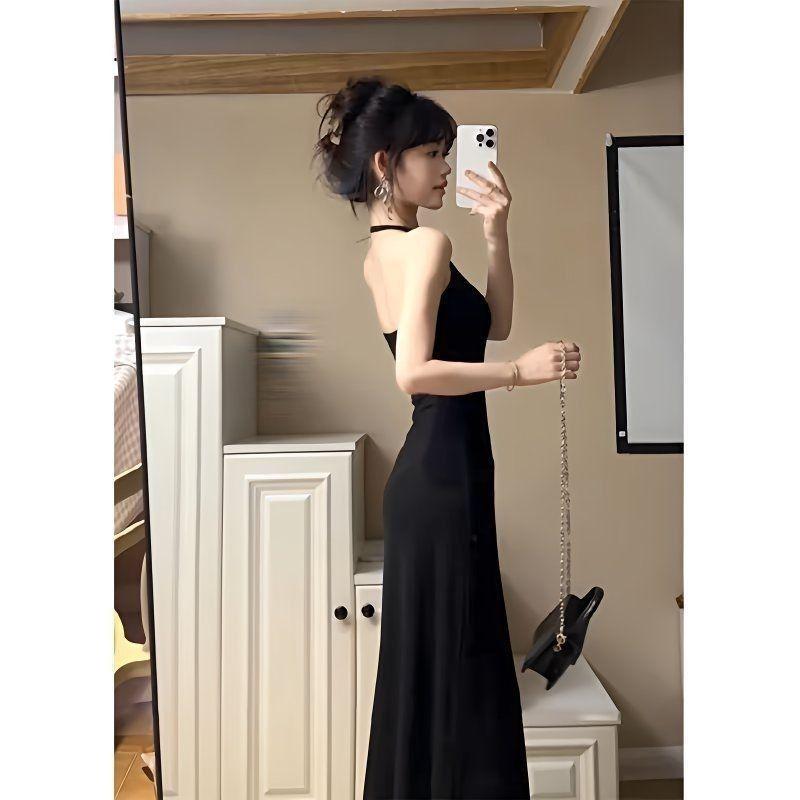 

Women s Black Halter Neck Strappy Dress: Slimming Waist, Chest Pads, Summer-Autumn Style L 105-120 kg