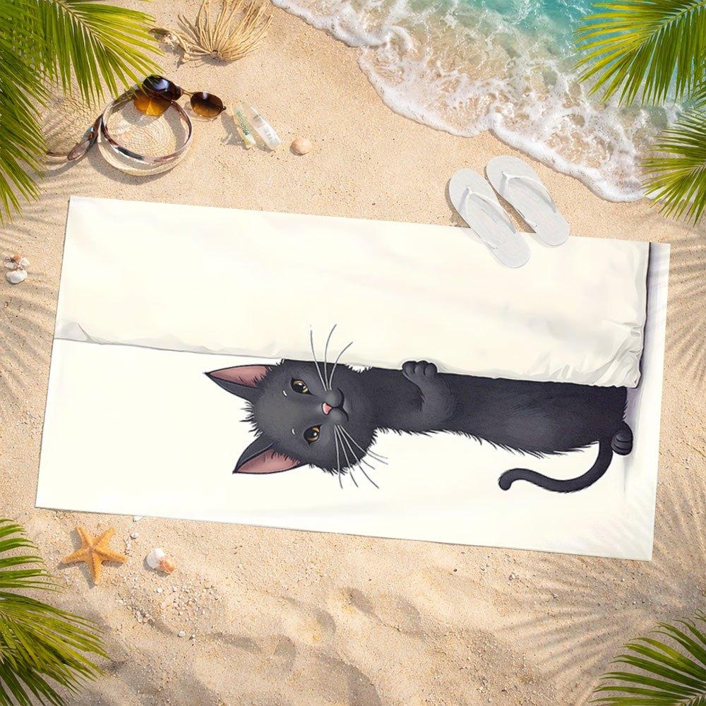 Funny Black Cat Beach Towel - Peeking Cat Print, Cute Pet Design, Soft Microfiber, Multiple Sizes