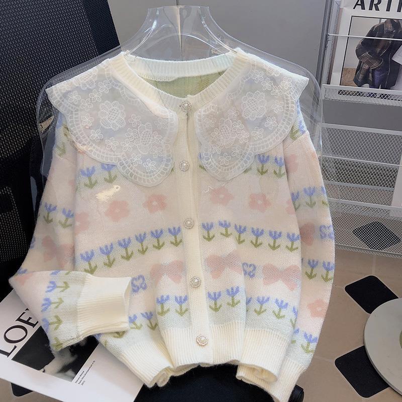 Doll Collar Sweater Coat Knitted Cardigan Women Spring and Autumn 2022 New Hot Style Age-reducing Lace Long-sleeved Sweater Top