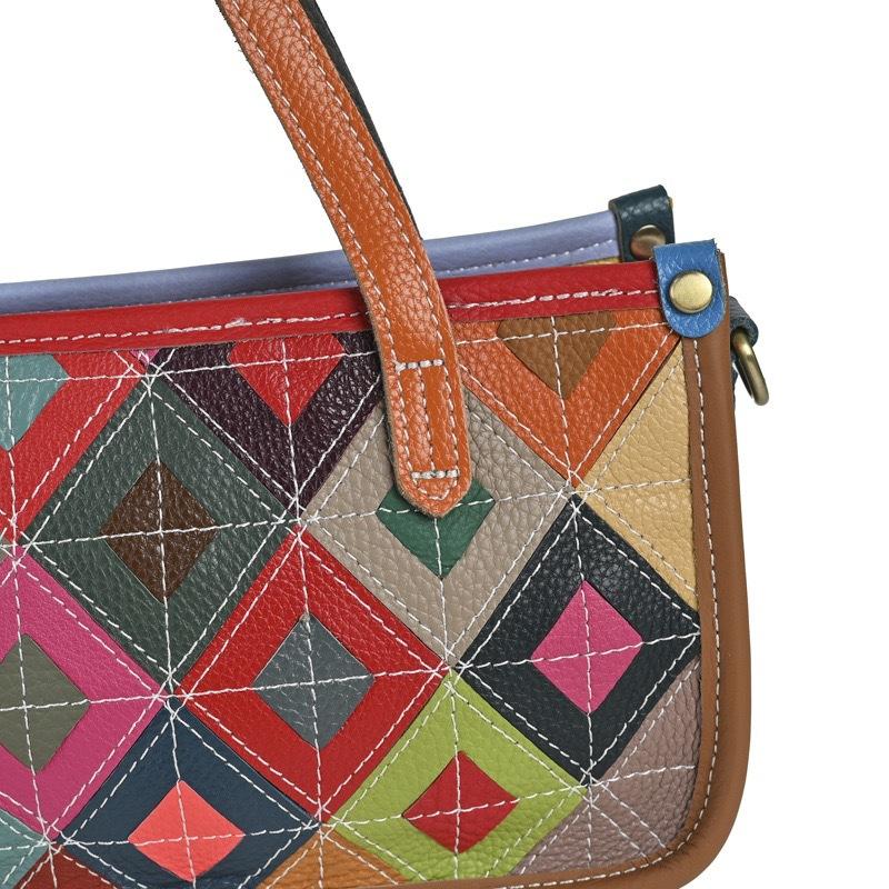 Johnature Borsa da Donna in Vera Pelle Retro Splicing Colore Casuale Borsa a Mano Versatile Morbida Pelle di Mucca Borsa a Spalla