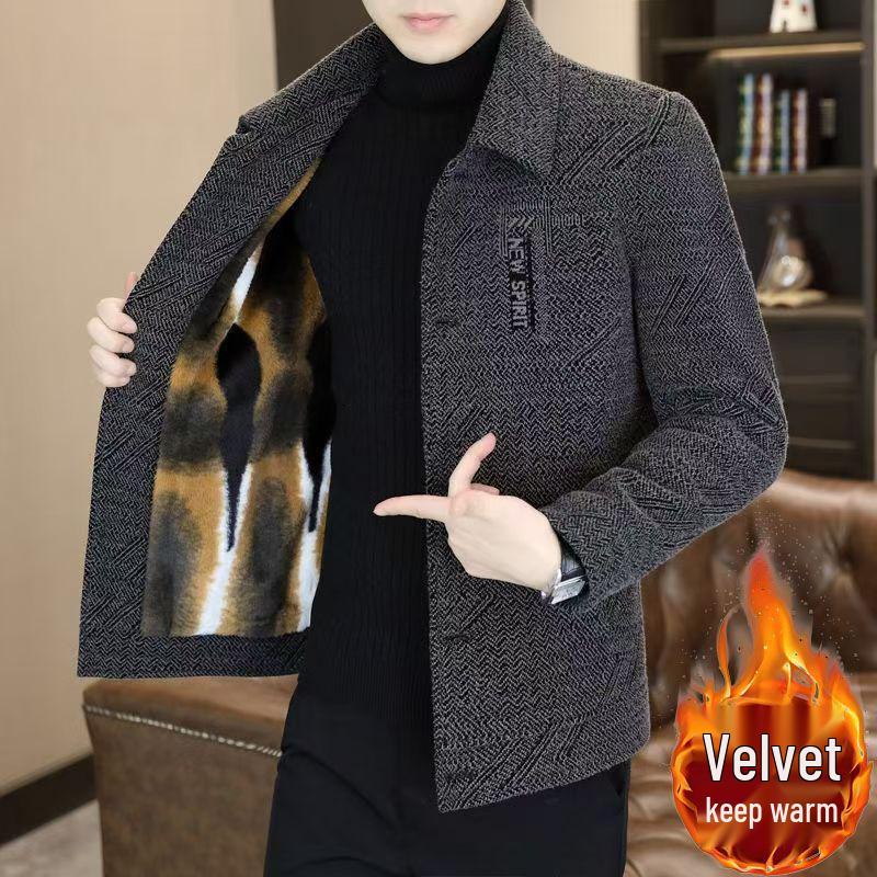 

High-End Men s Woolen Coat: Casual Velvet-Lined Thickened Jacket for Mid-Aged Men - Autumn/Winter Collection 4XL (recommended 160-175 jin)