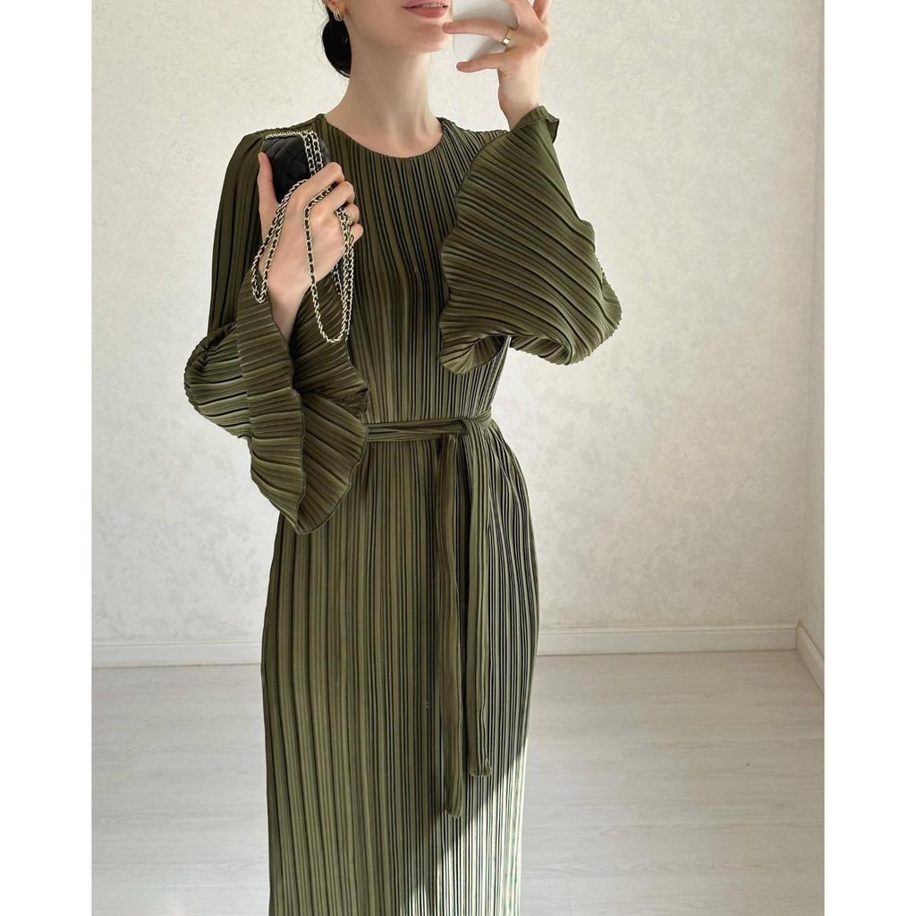 Spring Fall Women's Long Dress, Elegant Pleated Flare Sleeve Midi Dress, Women's Fashion Dresses Crossborder