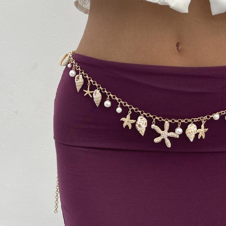 Faux Pearls Embellished Belly Chain Shell Starfish Conch Beachwear Body Jewelry Handmade Waist Chain Unique Gift