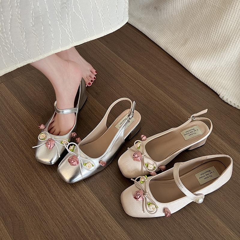 Fashion Medium Heeled Mary Jane Single Shoes 2024 New Women Shoes Fashion Elegant Flower Bow Pumps Square Toe Thick Heeled Ballet Shoes