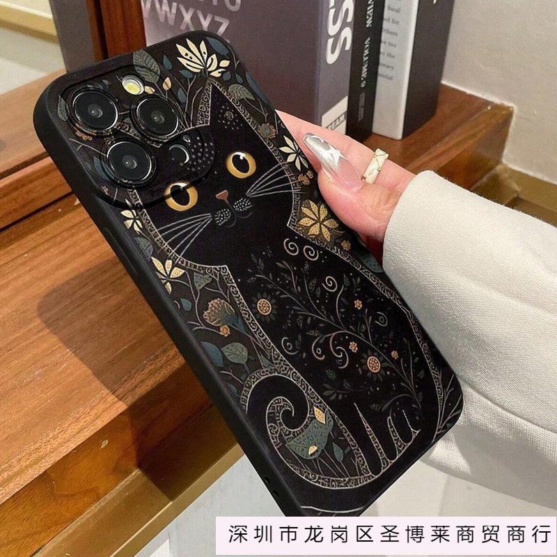 Flower Black Cat iPhone13/14/15ProMax Mobile Phone Case Apple 16/12/11 All Inclusive XS/XR Soft 78p