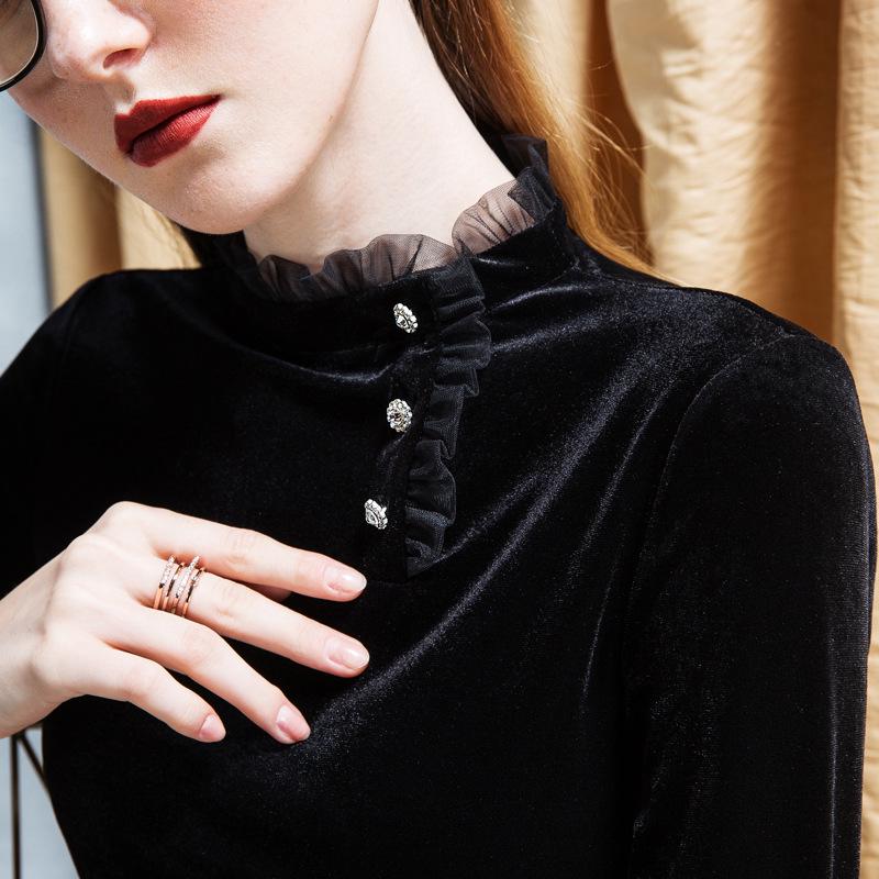 Sametová volánová blůza se stojáčkem - Dámská módní košile v evropském stylu na podzim/zimu