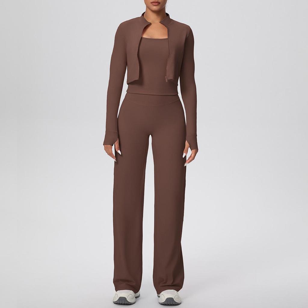 Women's High-Waisted Yoga Set: I-Beam Vest, Wide-Leg Pants, Skin-Friendly Sports Zipper Jacket