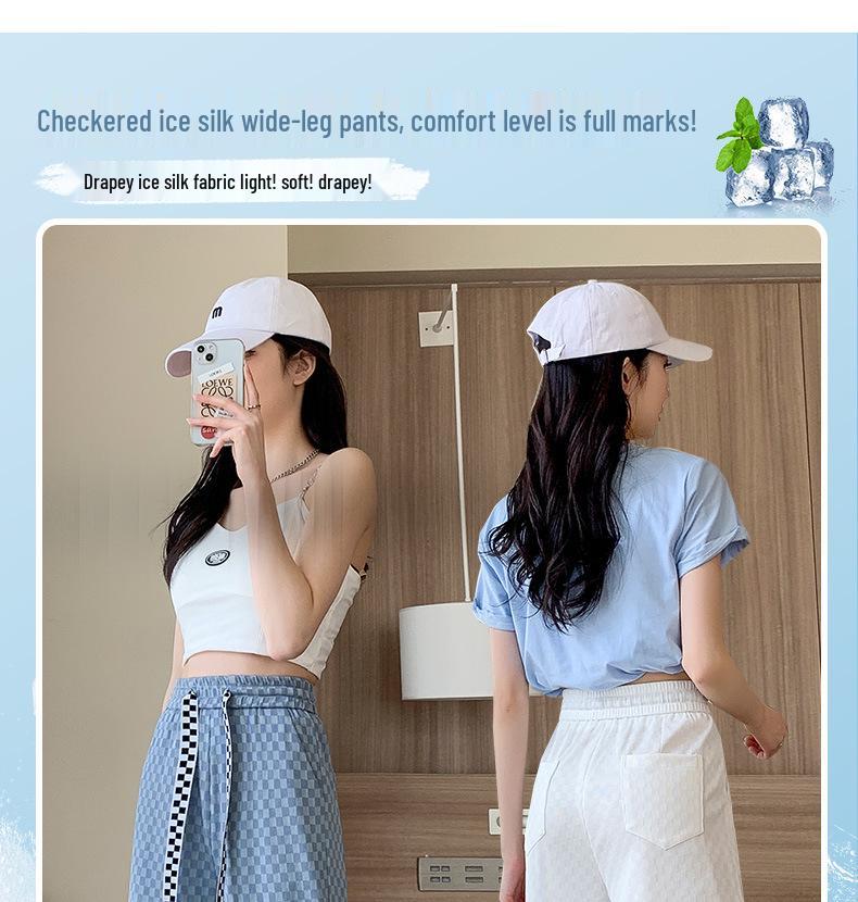 2025 Women's Checkered Wide-Leg Ice Silk Pants - Slim-Fit, High-Waisted, Draped, Summer & Spring