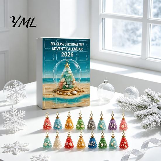 Beach Themed Christmas Decorations 2026 Advent Calendar, Sea Glass Tree 2D Acrylic Ornament Set Holiday Hanging Pendants with String, Countdown Decor,