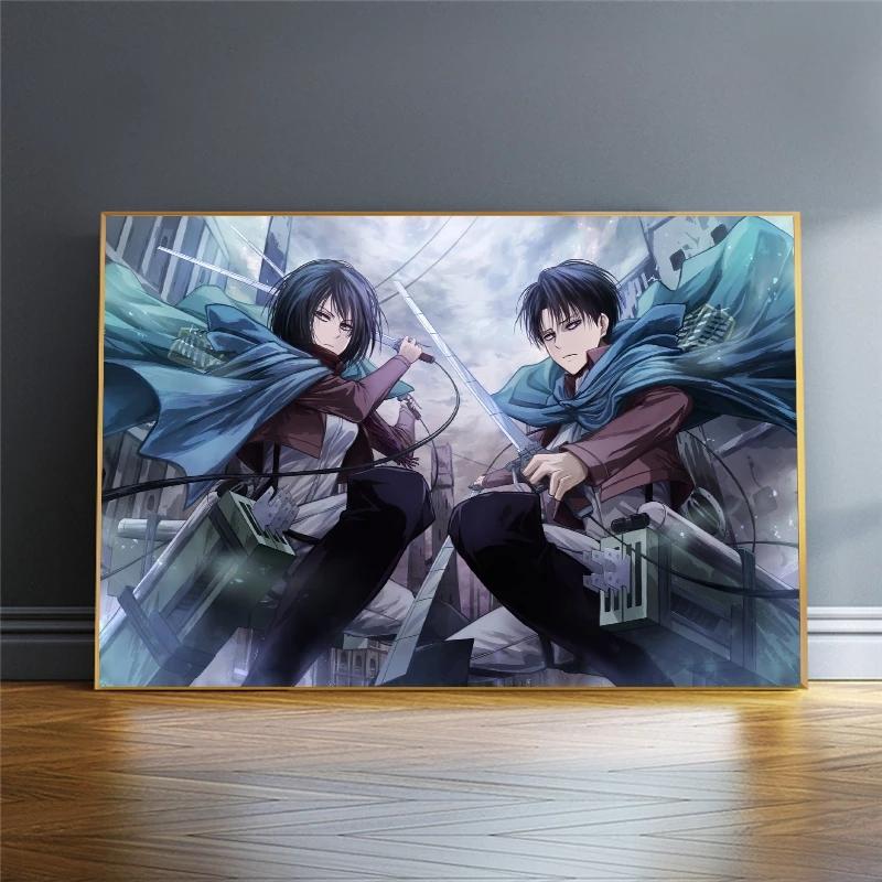 Solid Wood Frame Wall Art Attack On Titan Canvas Paintings Modular Levi Ackerman Pictures HD Printed Anime Poster Living Room Home Decor