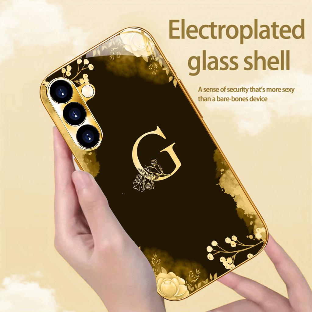 Gold-plated Tempered Glass Phone Case for Samsung Galaxy S26, S25, S24, S23, and S22 Ultra Plus. Black and Gold Floral Lettering