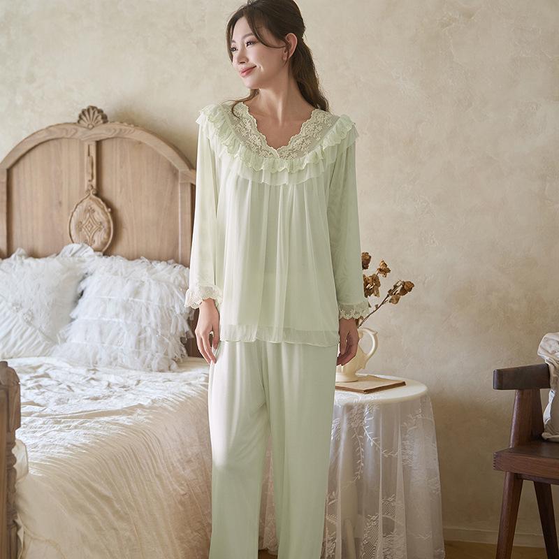 Retro Court Style Women's Nylon Mesh Home Wear Set (Long Sleeve Top and Pants)