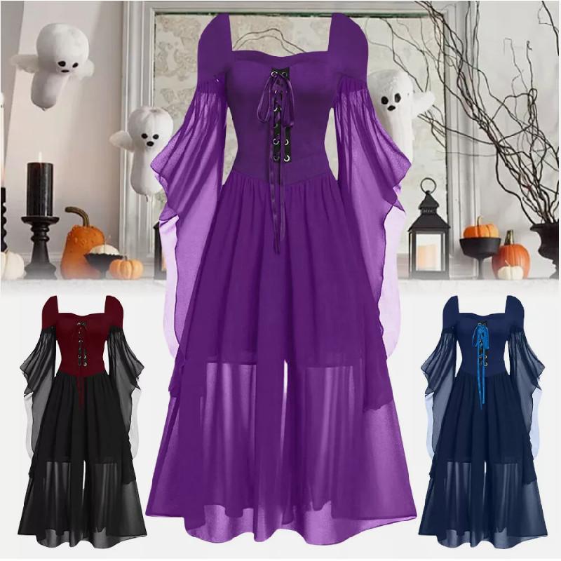 Halloween Women Adult Lacing Dress Medieval Witch Cosplay Costume Party Elegant