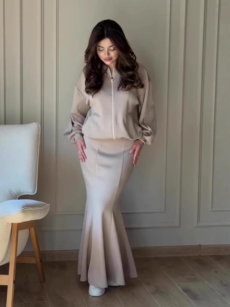 European-American 2025 Autumn Women's Long-Sleeved Cardigan & Stand-Up Collar Jacket with Temperament Half-Skirt Set
