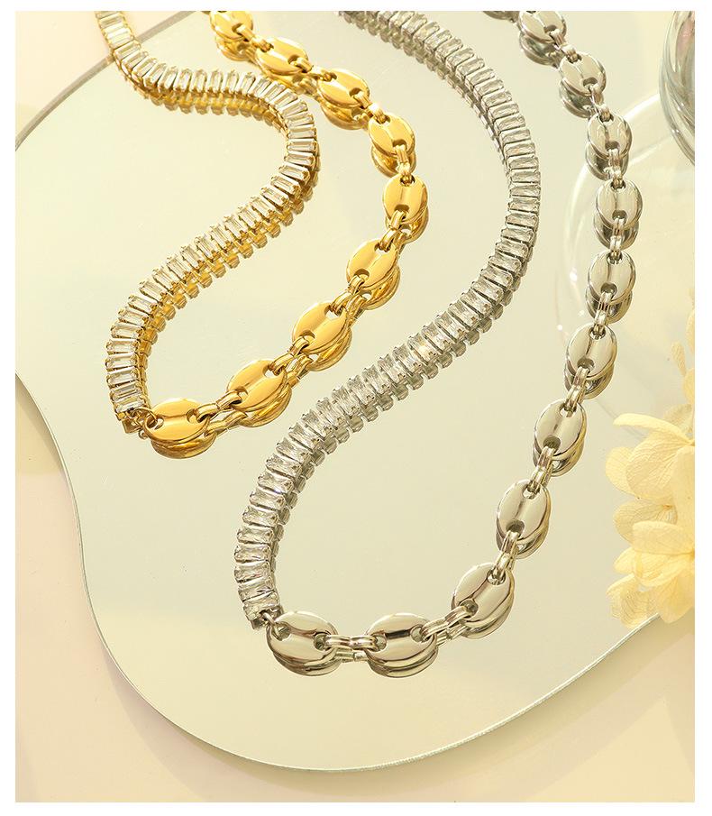 Geometric Zircon Pig Nose Spliced Bracelet & Necklace Set - European/American Nude Chain, Non-Fading P196-E009