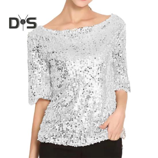 

Женский топ с блестками, сверкающая футболка, стильная удобная блузка со средним рукавом, уличная одежда для сценических выступлений, повседневная одежда 5XL серый