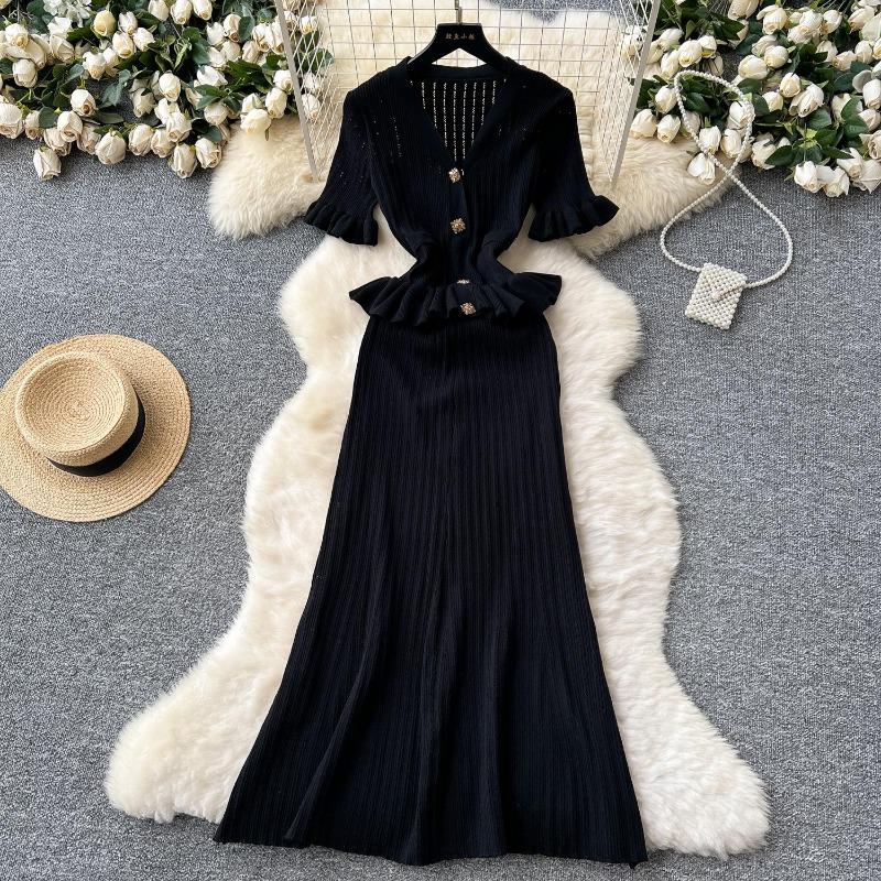 Retro Strickpullover Rüschen Sexy Einreihig Elegant A-Linie Langes Maxi Abend Party Kleid Damenmode Sommerkleidung