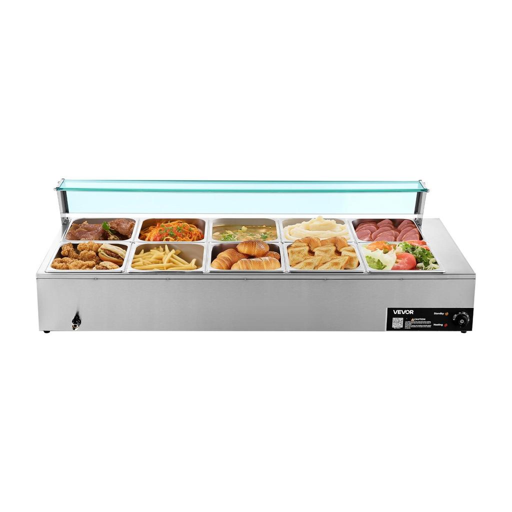 Commercial Food Warmer, 1700W Electric Stainless Steel Steam Food Warmer with Glass Cover, 10-Pan Countertop Buffet Bain Marie with Soup & Perforated