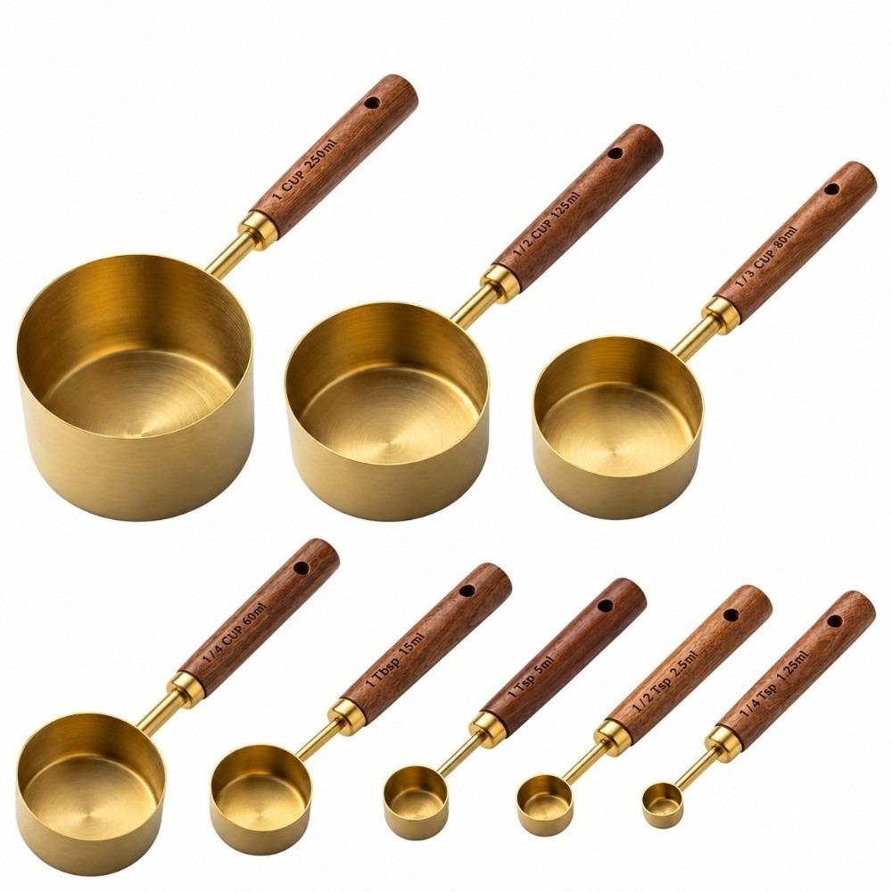 8Pcs Wooden Handle Measuring Spoon Set Gold Brown Baking Measuring Tool Home Kitchen