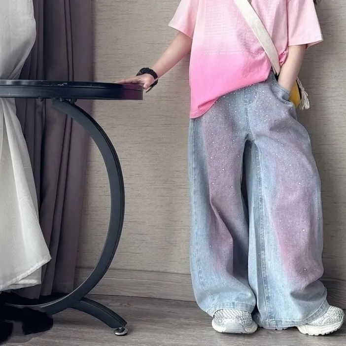 Girls' Summer Set Tie Dye Short Sleeved Rhinestone Embellished Slim and Wide Leg Jeans Fashionable and Casual Two-piece Set Fashionable