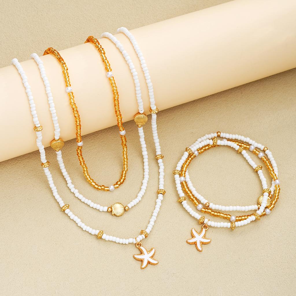 iF ME Set da 6 Pezzi Collana con Ciondoli Stella Marina e Conchiglia Perline di Riso Braccialetti Bohemian Elegante Set di Gioielli Colore Oro Bianco Accessori per le Feste