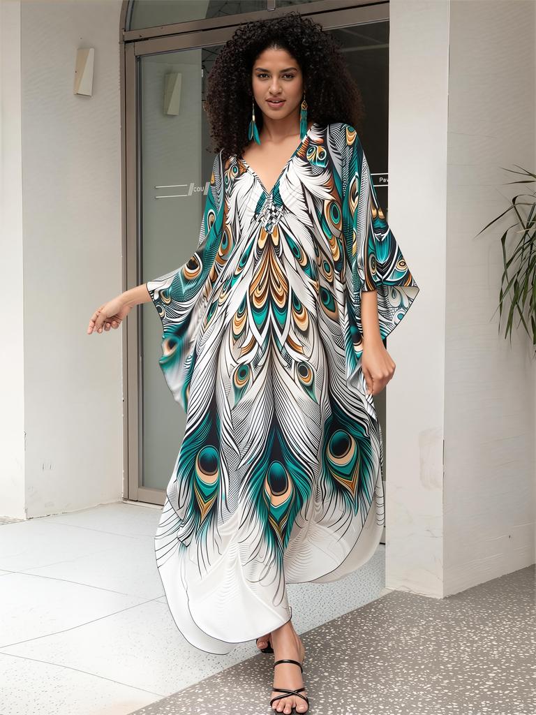 Vintage Peacock Feather Printing Loose Kaftan Swimsuit Coverup For Women  Summer Casual House Dress Beachwear Cover-ups Q1628