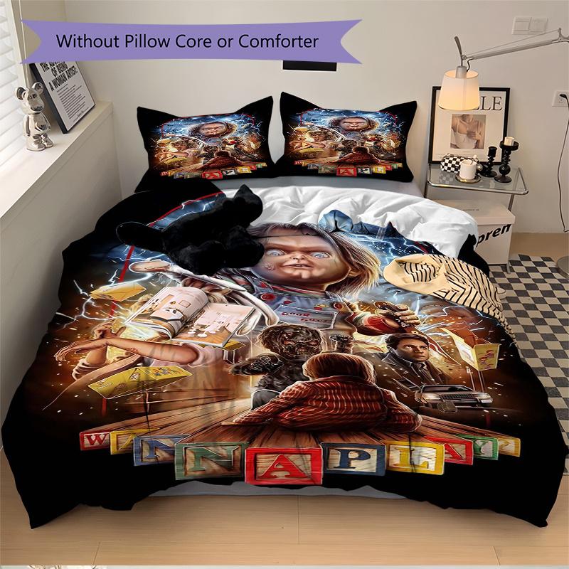 Juego de Ropa de Cama con Estampado Chucky de Horror Definitivo de 3 Piezas (1 funda + 2 fundas de almohada, sin relleno), Este Juego de Cama Estampado es Suave y Cómod
