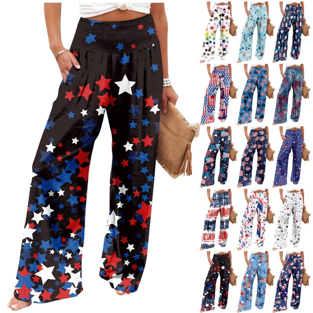 Women's Fashion Loose Casual Independence Day Print High Waist Wide Leg Pants Casual Pants