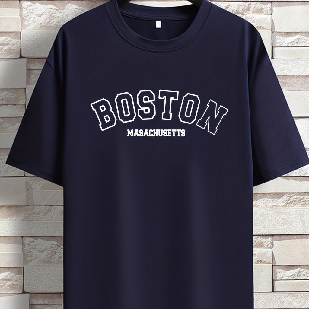 Men's Summer Loose Size 100% Cotton Trendy Boston Graphic Print Casual Fit Round Neck Short Sleeve T-shirt Top