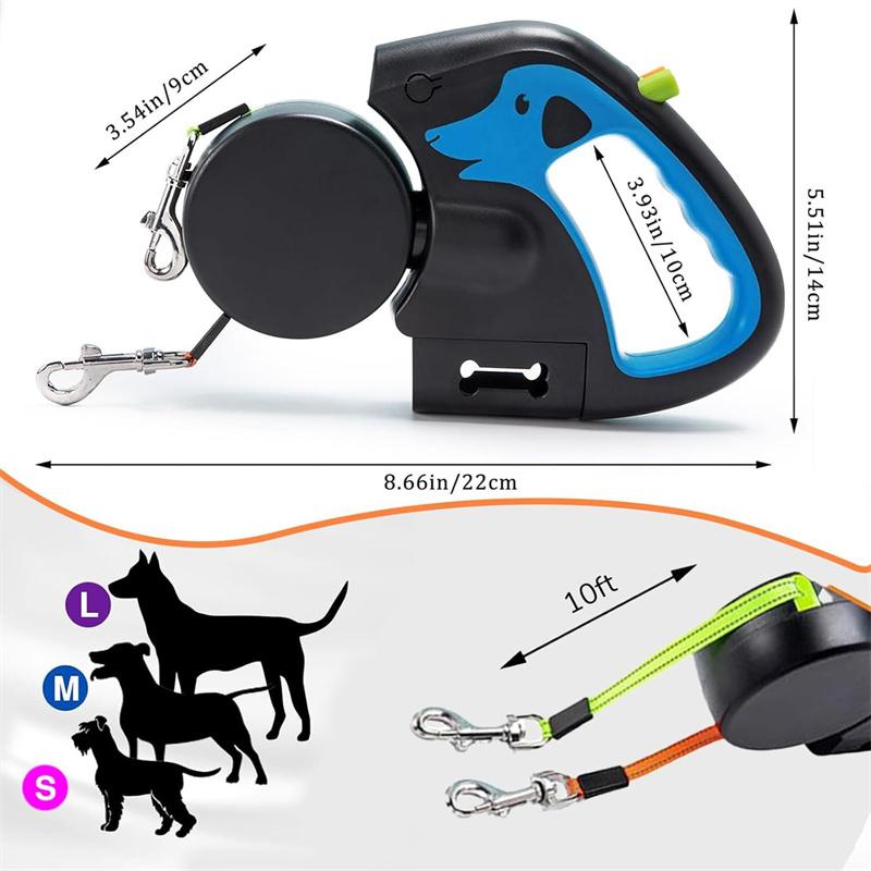 Portable Rotating Pet Leash for 2 Dogs, Double End Leash, Light Retractable Roulette, Walking Supplies, New