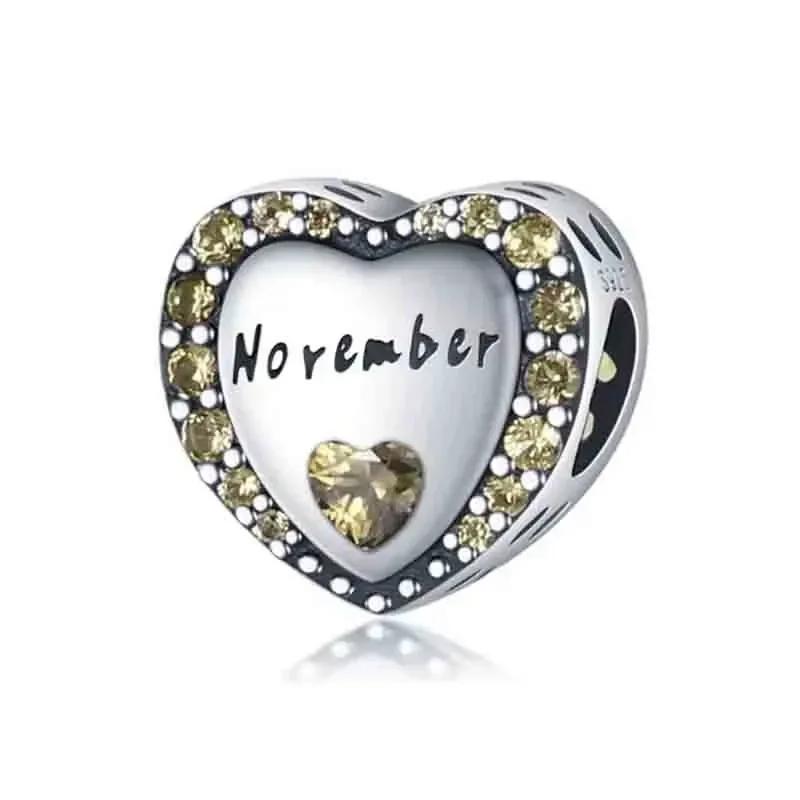 Original Copper Blue Heart Zircon Twelve Zodiac Signs Months Flowers Charms Beads Fit Bracelet Women Jewelry Diy Fine Gift