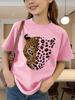 Cute Heart Shaped Leopard Face Print Graphic Kids Tee Boys Girls Family Matching Cotton Crew Neck Short Sleeve Soft Summer Tee