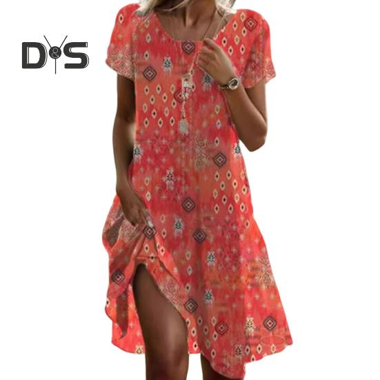 Sommerkleid für Damen, Punktemuster, Rundhalsausschnitt, kurze Ärmel, A-Linie, lockerer ethnischer Stil, großer Saum, Alltagskleidung, Freizeit-Midikleid