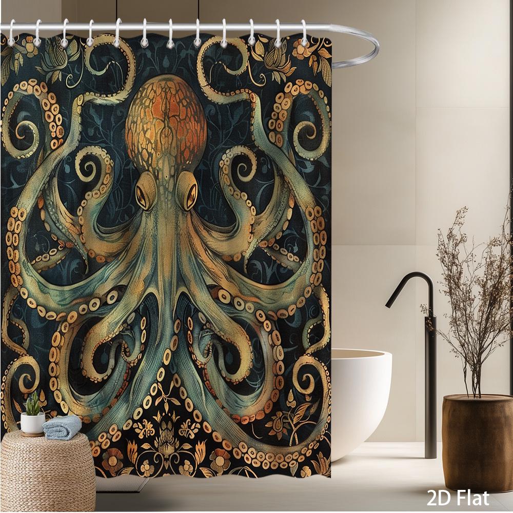 

Octopus Floral Shower Curtain – Vintage Ocean Art Bath Decor, Blue Orange Green, 59x70.8in & More Sizes 90x180cm35x71in