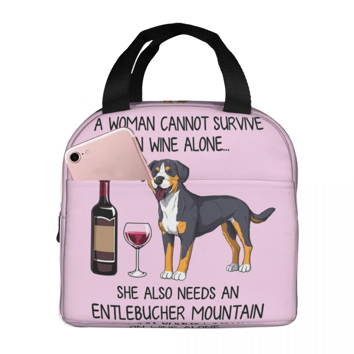 Entlebucher Mountain Dog And Wine Funny Gift For Dog Mom Insulated Lunch Bag for Women Children Food Boxes Thermal Lunch Box One Size