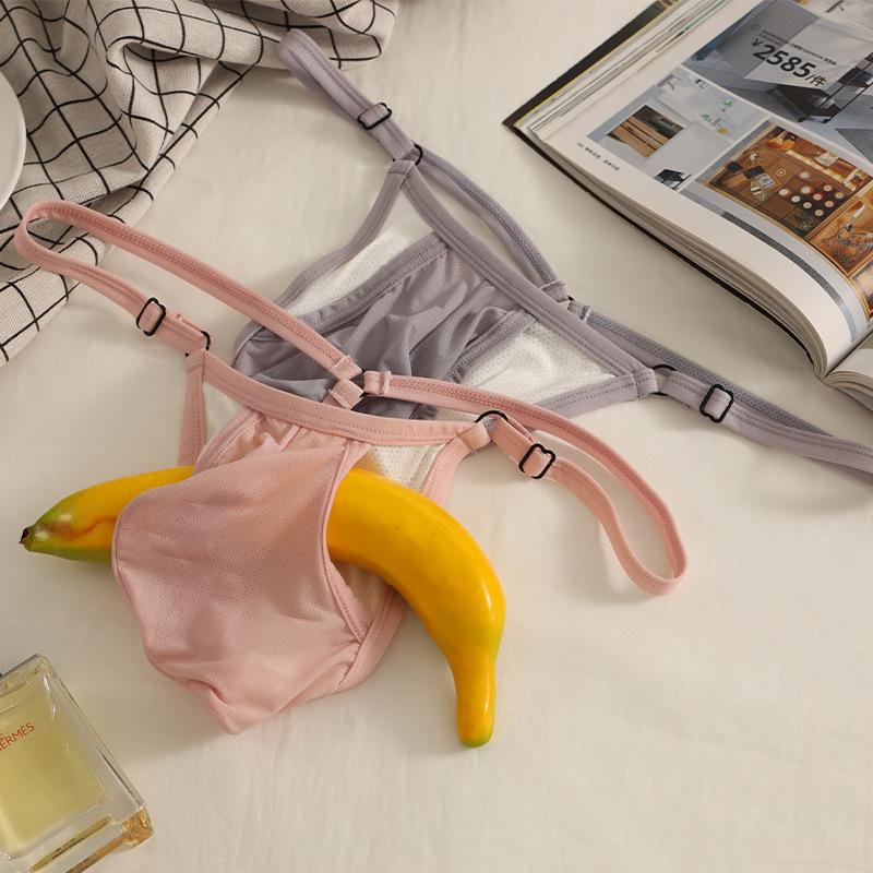 Erotic Mens Underwear Ice Silk Gay Sexy Low-rise T Back Thong Ultra-Thin Elastic Bulge Pouch Hollow Breathable Backless G-string
