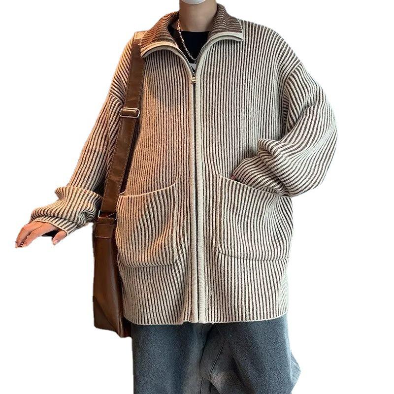 Pánský retro pletený kardiganový svetr s vysokým límcem na zip, barevný blok