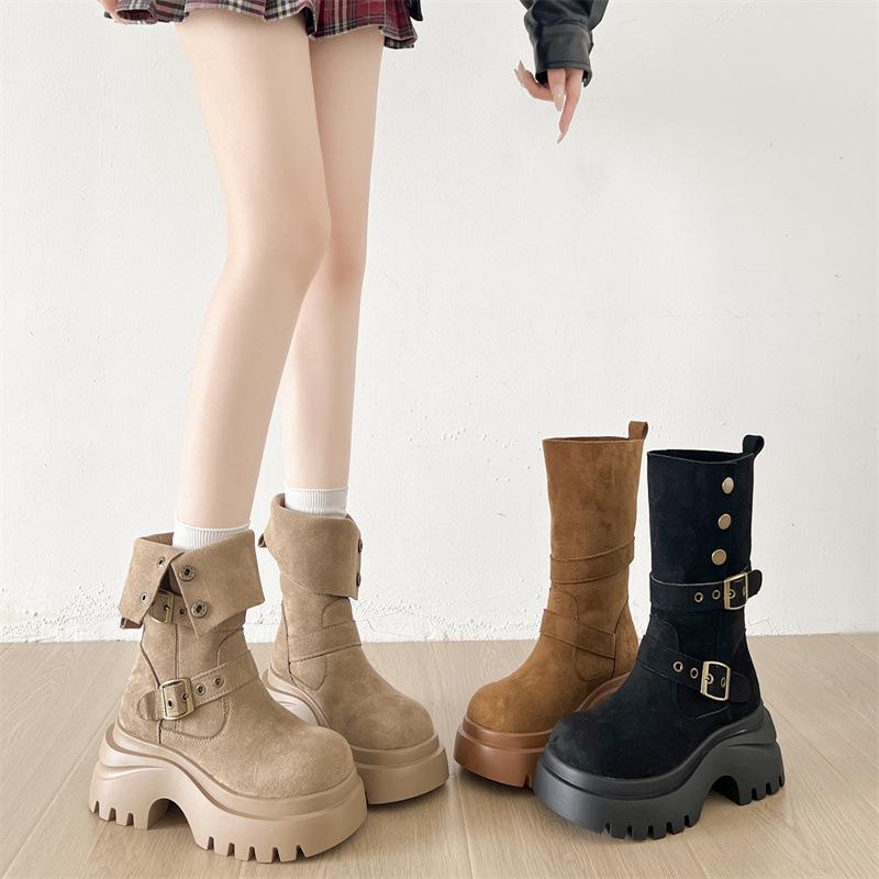 Brown retro thick-soled thick-heeled heightened medium boots children's summer 2025 new skirt versatile and thin Martin boots