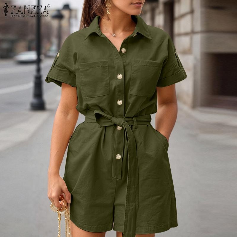 ZANZEA Women Casual Turn Down Collar Summer Short Sleeve Jumpsuits