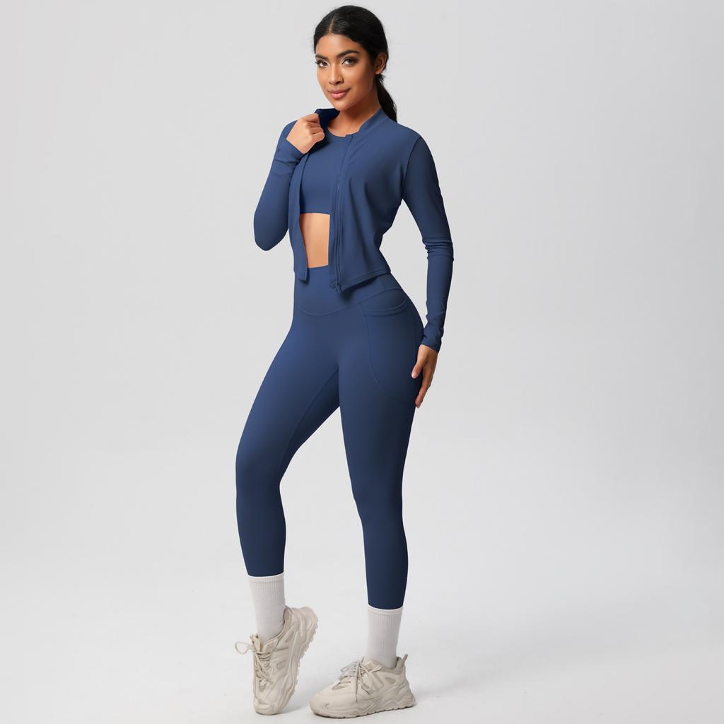 High Waisted, Hip Lifting, Tight Fitting, Quick Drying Yoga Suit Set, Cloud Inspired Running And Fitness Sportswear Three Piece Set For Women