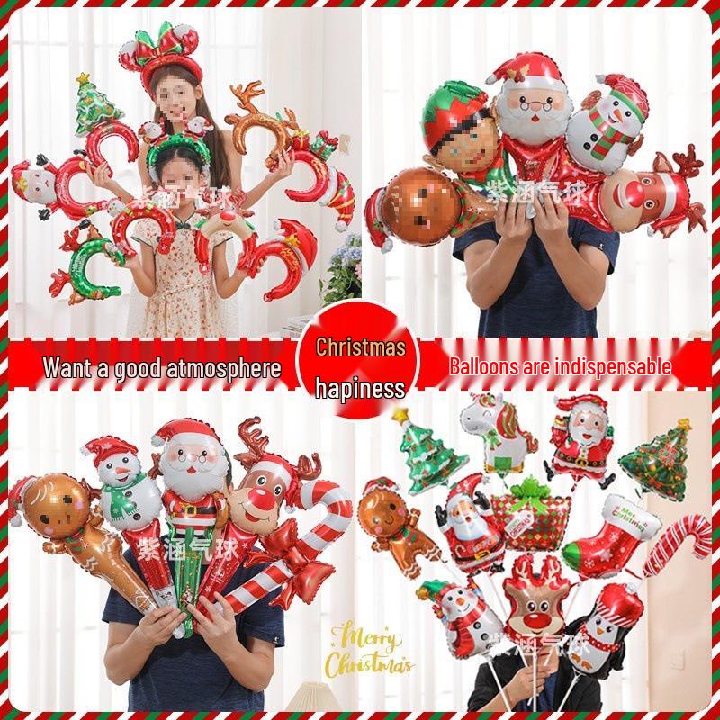 Santa Claus Christmas Decoration Balloons with Sticks and Small Gift Headbands for Kindergarten and Mall Scenes