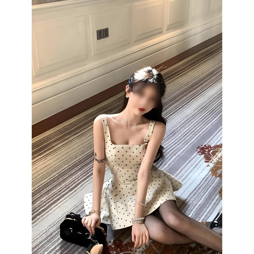 

Летнее новое платье-сарафан в мелкий горошек с завышенной талией, женское тонкое, с темпераментом, женское короткое платье А-силуэта XL- (recommended 110-60kg)