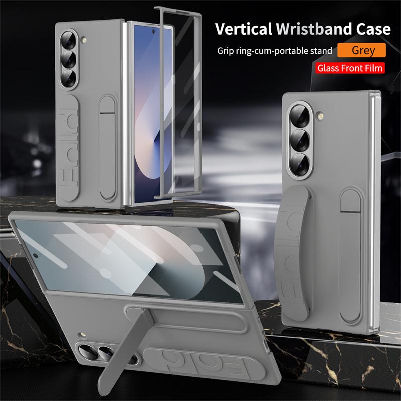 

Wristband Foldable Stand Funda for Samsung Galaxy Z Fold 6 4 5 3 Fold7 5G Case Front Glass Lens Protection PC Plastic Cover Capa Galaxy Z Fold7 сірий колір