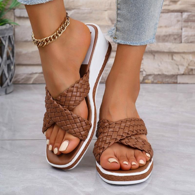 Women's Woven Strap Wedge Sandals, Open Toe Summer Shoes, Plus Size Casual Footwear