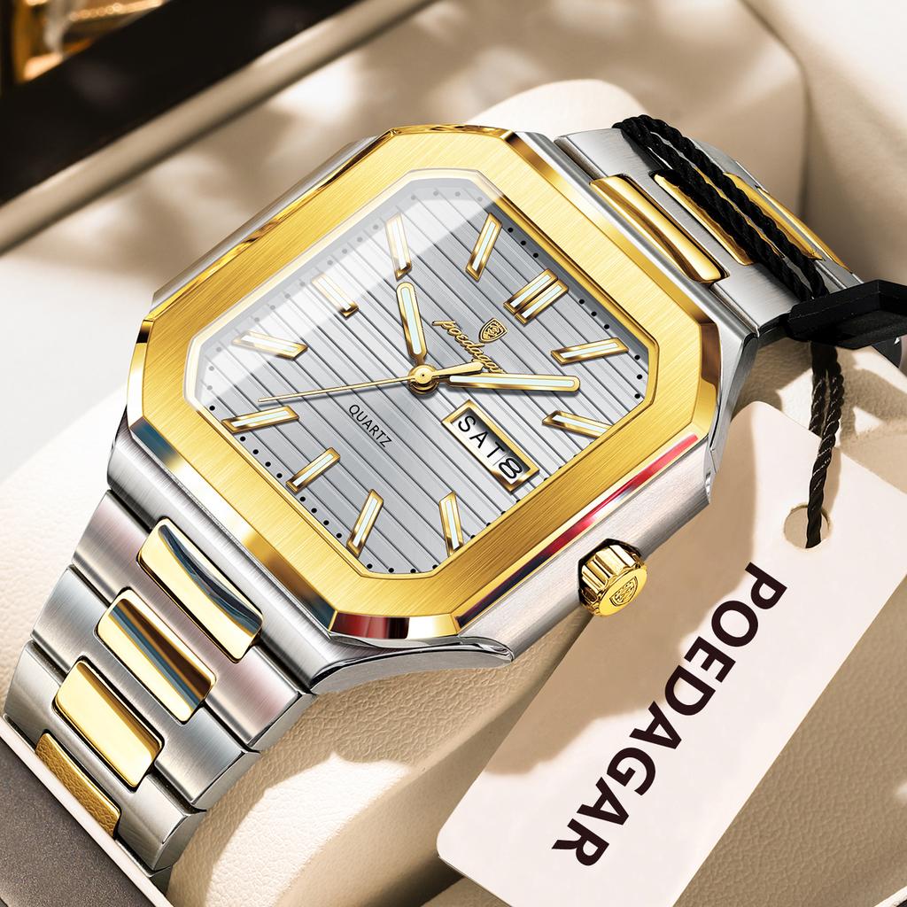 POEDAGAR Square Fashion Man Wristwatch Waterproof Luminous Date Week Quartz Men's Watches Stainless Steel Luxury Men Watch Reloj